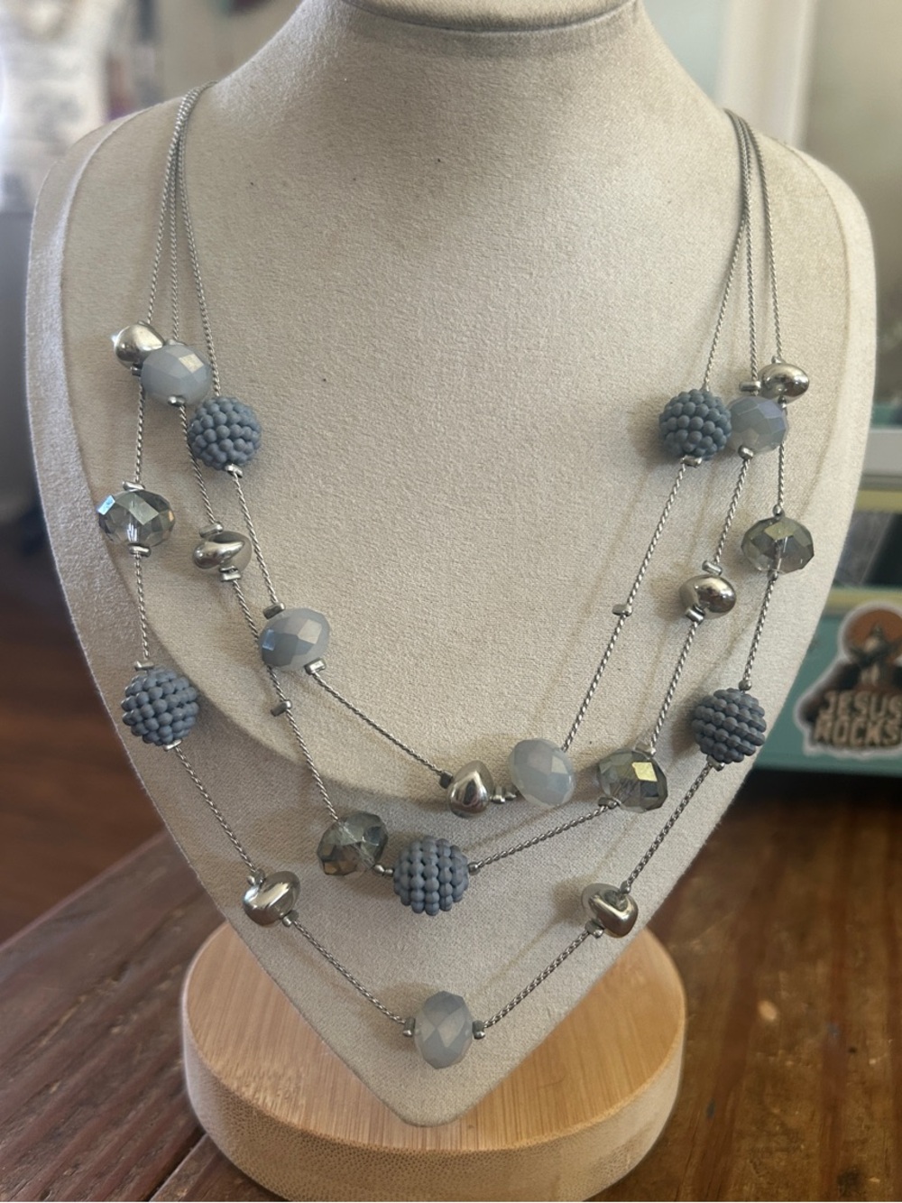 Multi-Strand Blue and Grey Bead Necklace